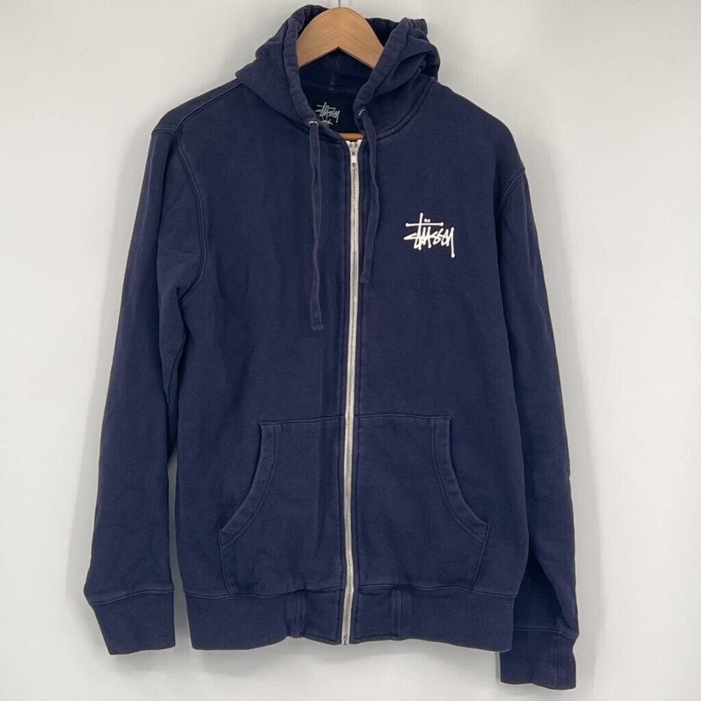 Stussy Mens Hoodie Sweatshirt Blue Full Zip Pockets Long Sleeve Logo Cotton M